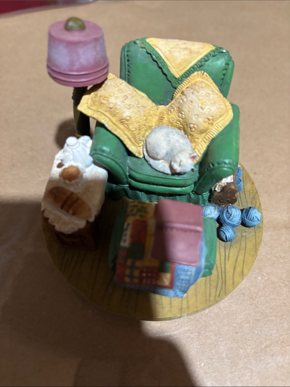 Vintage Miniature Cozy Green Armchair Scene with Sleeping Cat